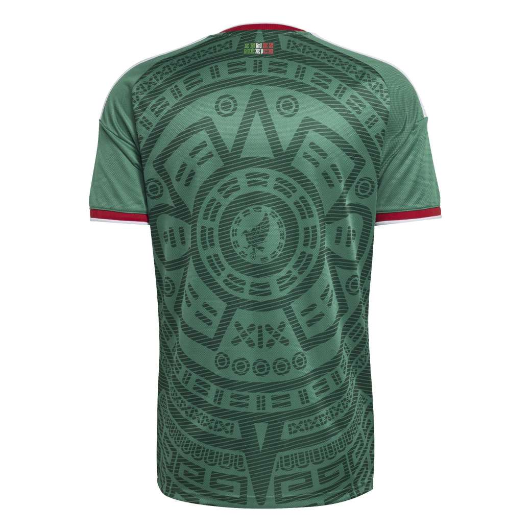 Vista traseira da camisa masculina Adidas México verde com detalhes em vermelho e branco